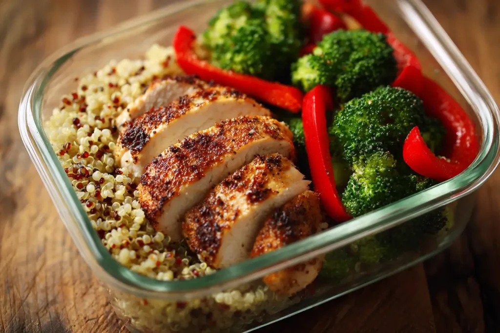Proteinreiche Meal Prep Bowl mit Hähnchen, Quinoa und Brokkoli zum Abnehmen