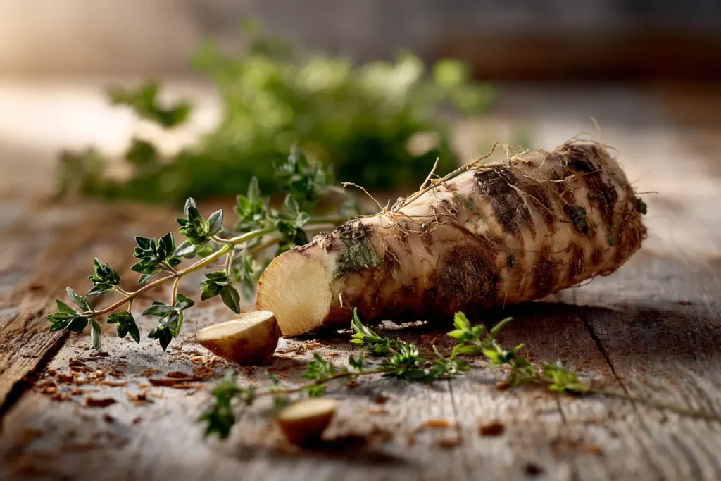 Frische Meisterwurz‑Wurzel auf Holztisch mit Kräutern