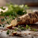 Frische Meisterwurz‑Wurzel auf Holztisch mit Kräutern