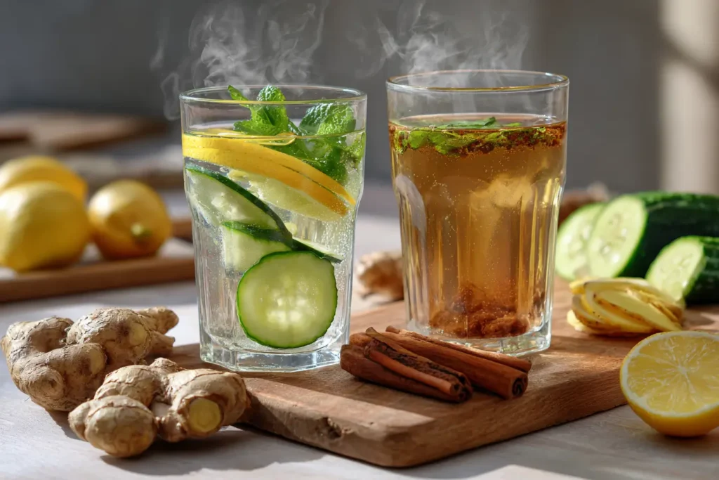 Zwei Gläser mit Detox-Getränken – eines mit Zitronen, Gurke und Minze (metabolisches Wasser) und eines mit warmem Ingwer-Zimt-Tee, aufgenommen auf einem hellen Holztisch.
