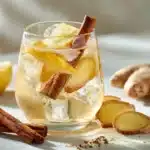 Person trinkt morgens Ingwer-Zimt-Getränk in Küchenumgebung