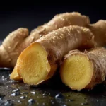 Frischer peruanischer Ingwer angeschnitten auf dunklem Naturstein