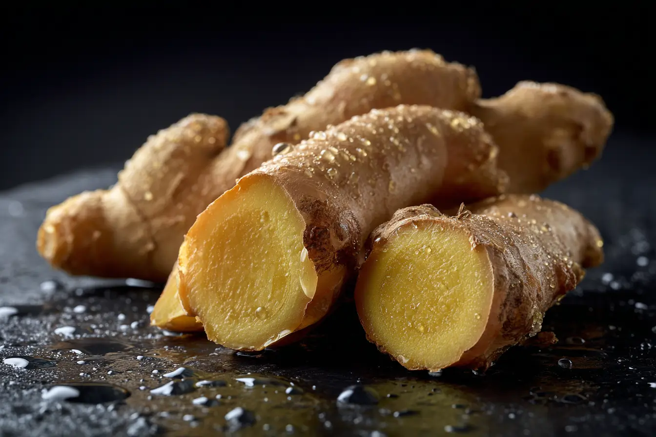 Frischer peruanischer Ingwer angeschnitten auf dunklem Naturstein