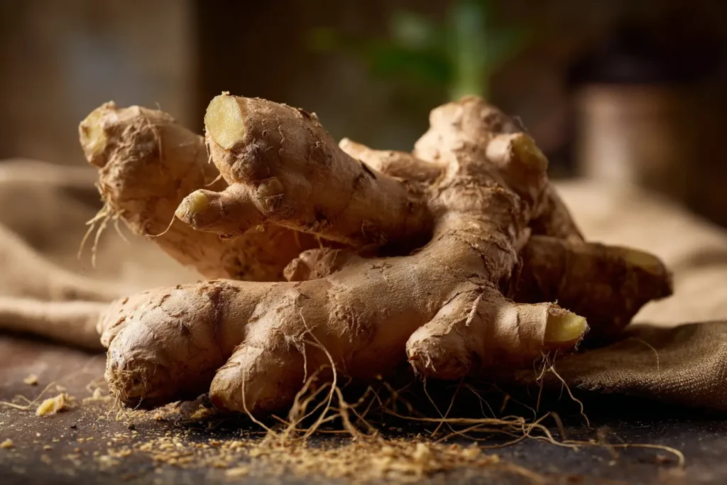 Frische peruanische Ingwerwurzel auf Holzuntergrund