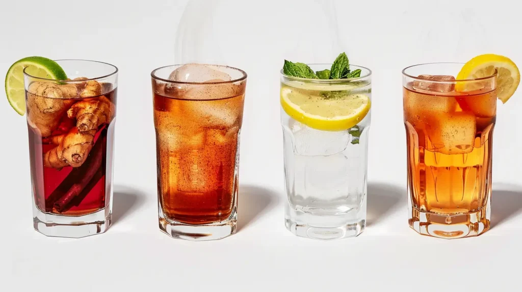 Vier Getränke im Vergleich: Zimtwasser, Ingwerwasser, Ingwertee und der Ingwer Zimt Cola Drink nebeneinander dargestellt.