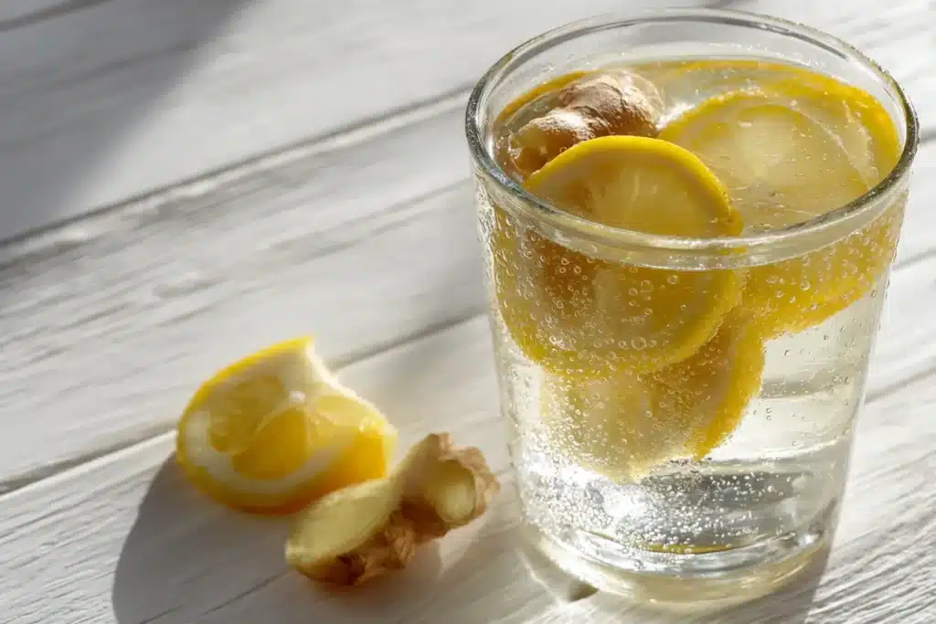 Ingwer Zitronen Wasser im Glas mit frischen Scheiben