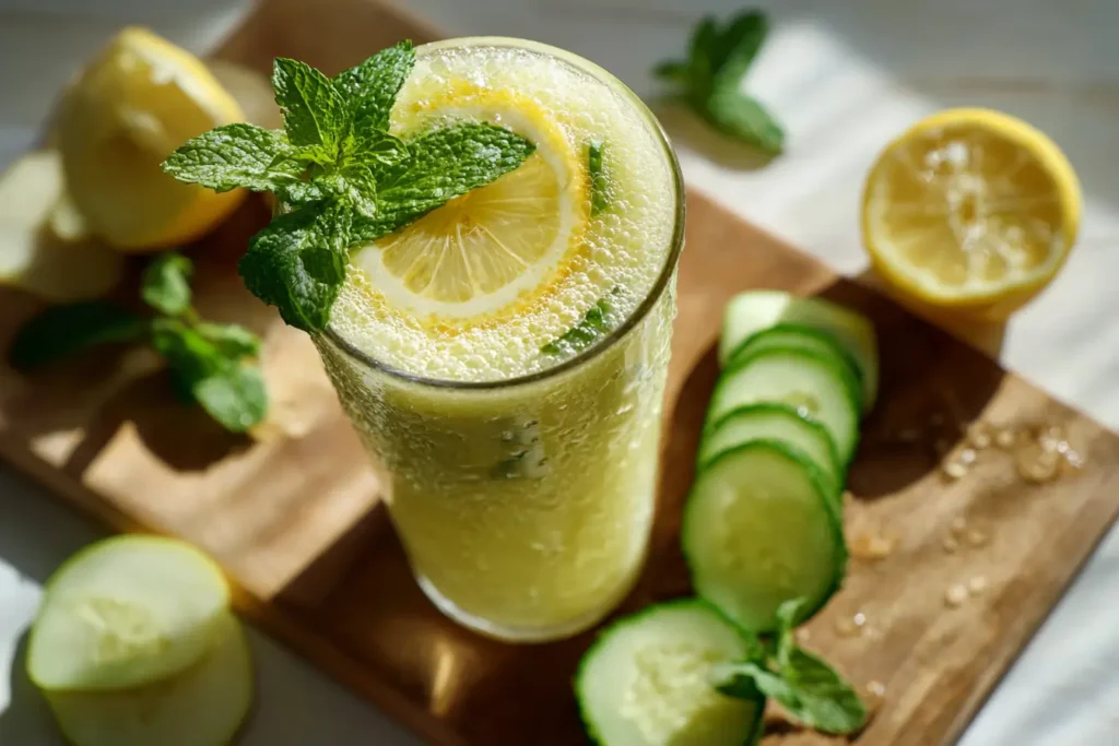 Apfel, Gurke und Zitrone werden in einem Mixer zubereitet