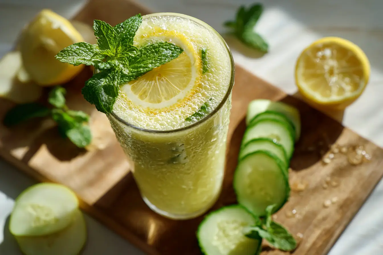 Apfel, Gurke und Zitrone werden in einem Mixer zubereitet