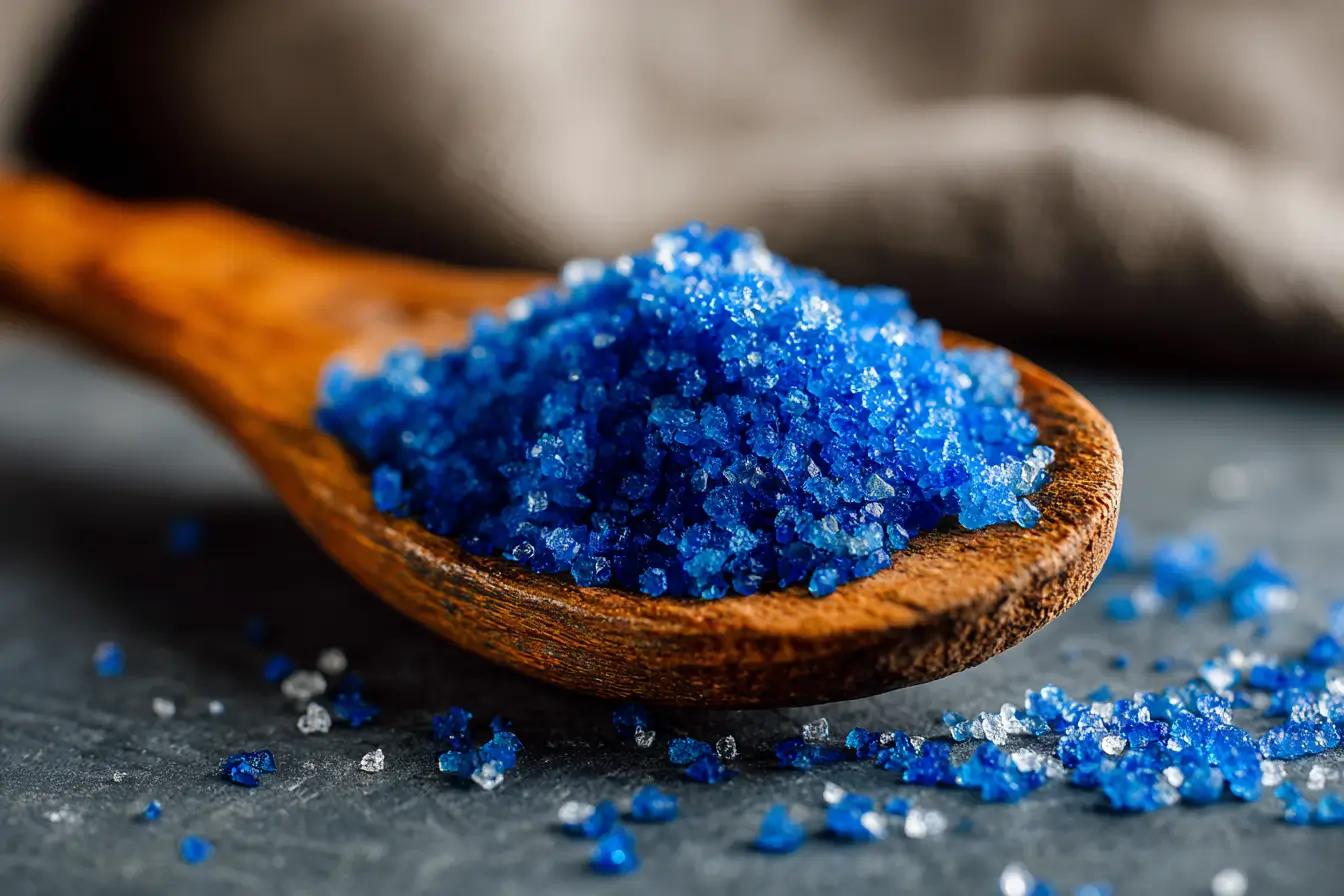 Nahaufnahme von blauen Salz-Kristallen auf dunklem Untergrund