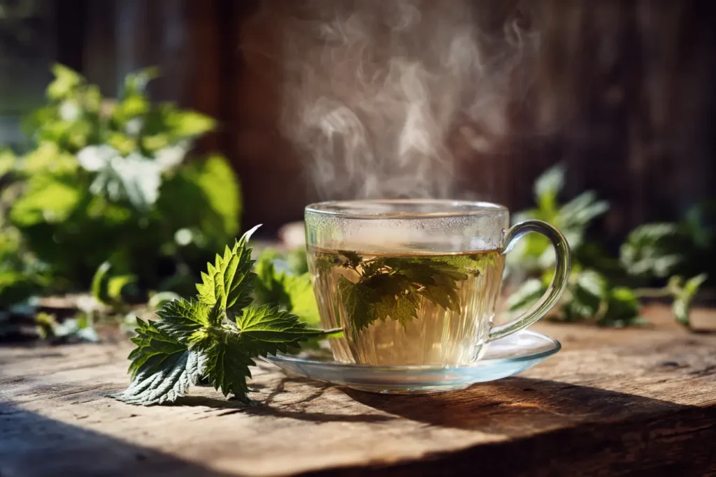 Frisch gebrühter Brennnesseltee auf Holztisch