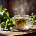 Frisch gebrühter Brennnesseltee auf Holztisch