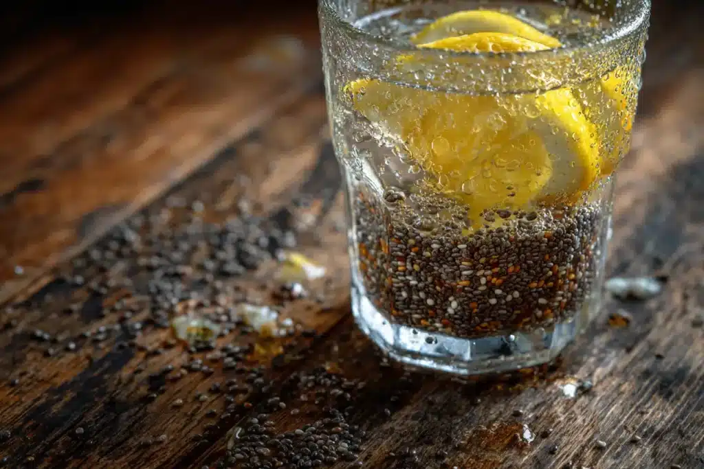 Glas mit Chiasamen und Zitrone – perfektes Getränk zum Abnehmen