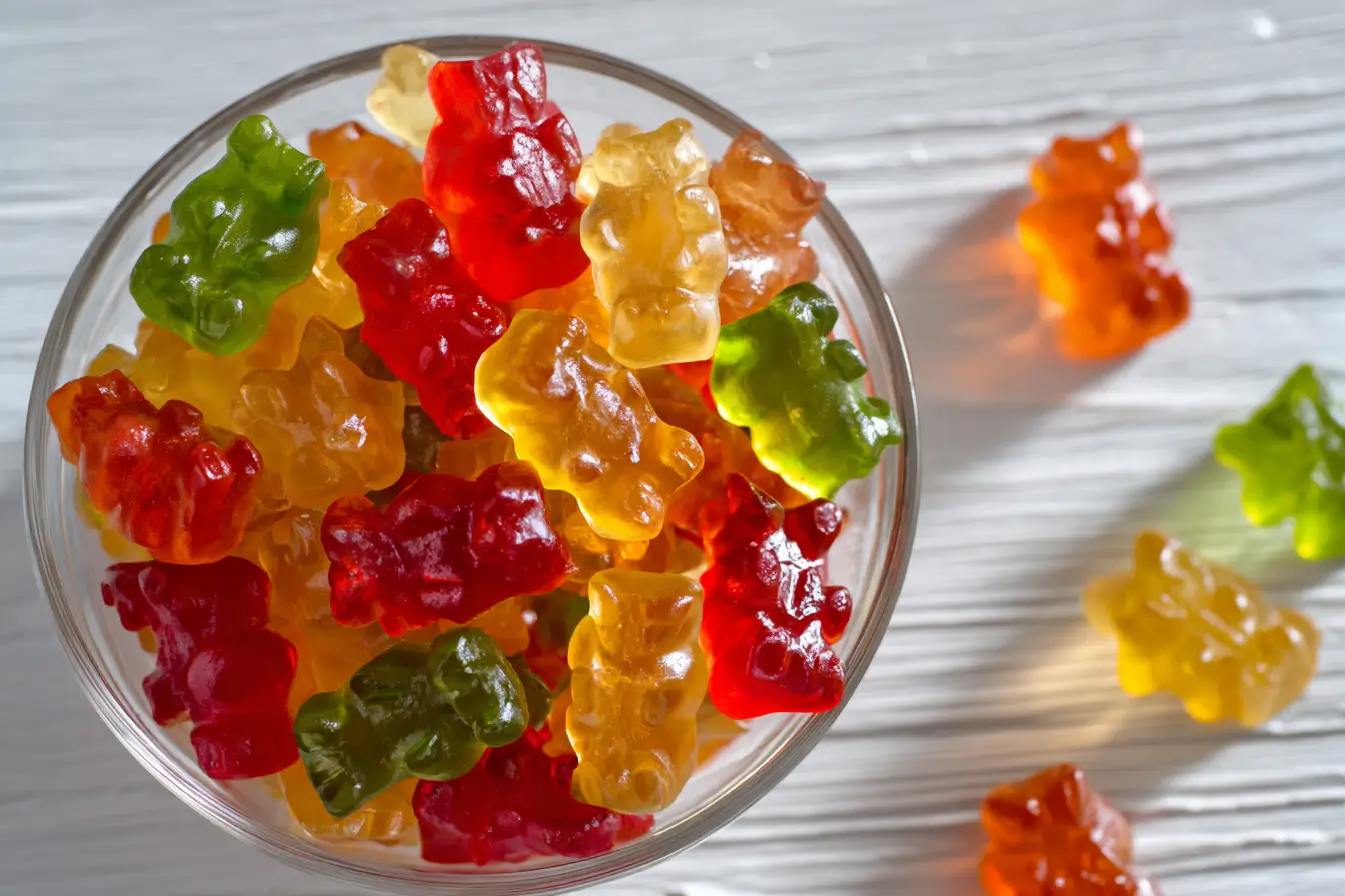 Selbstgemachte Gummibären in bunten Farben in einer Glasschale