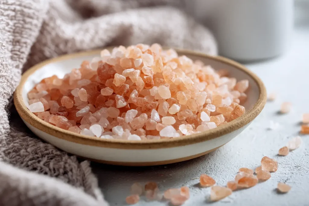 Rosa Himalaya-Salz-Kristalle in Schale