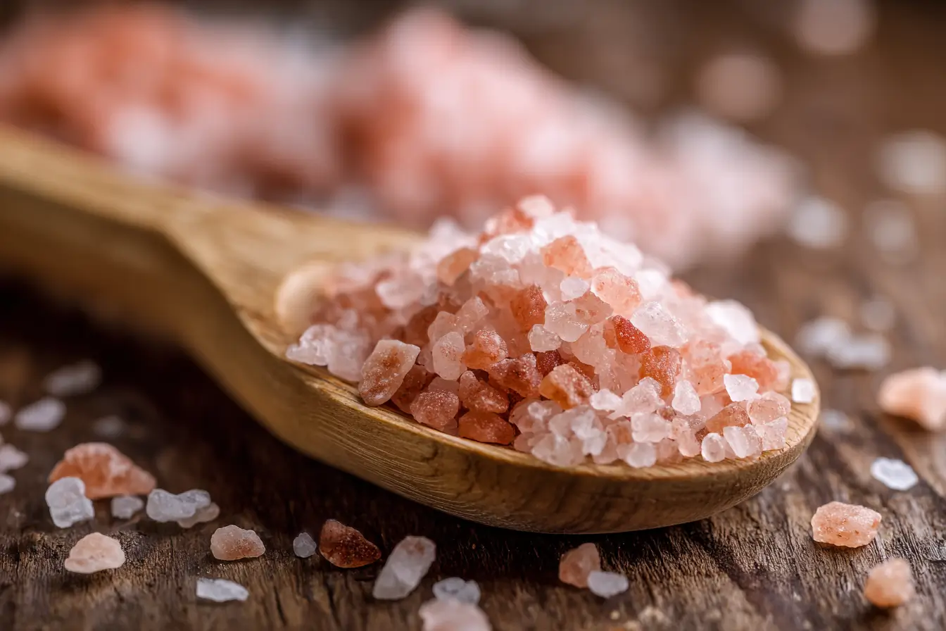 Rosa Himalaya Salz grobkörnig auf Holzlöffel