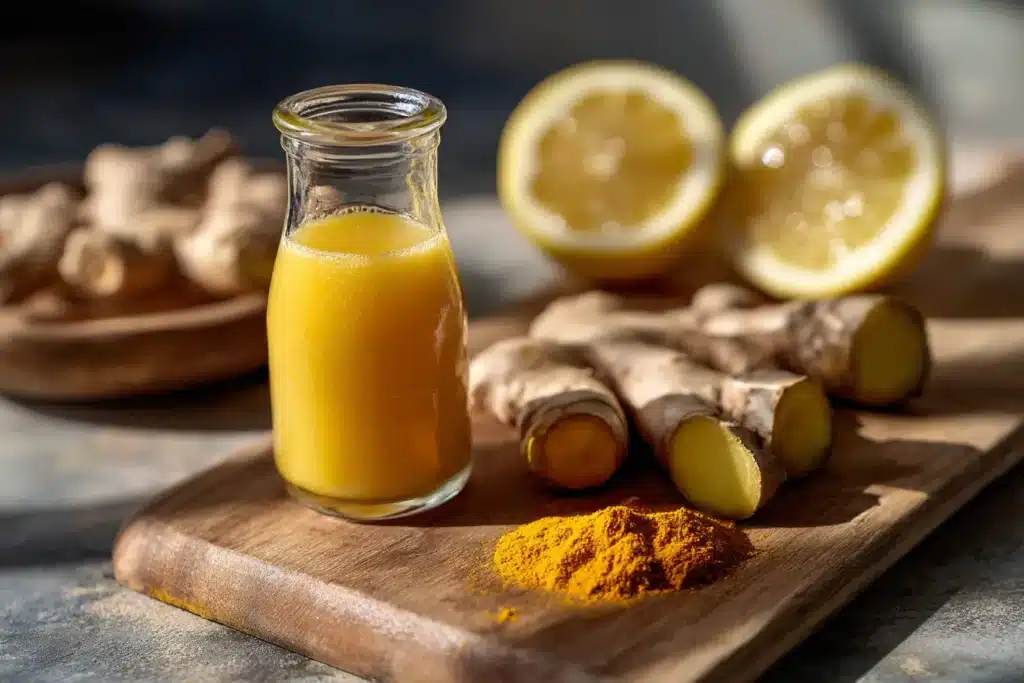 Selbstgemachter Hitchcock Ingwer Shot in Glasflasche mit Ingwer und Zitrone