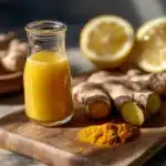 Selbstgemachter Hitchcock Ingwer Shot in Glasflasche mit Ingwer und Zitrone