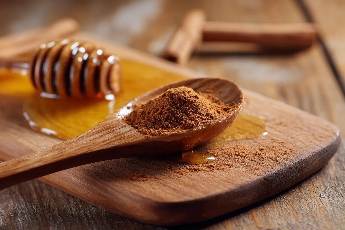 Honig mit Zimt in Holzlöffel auf Brett