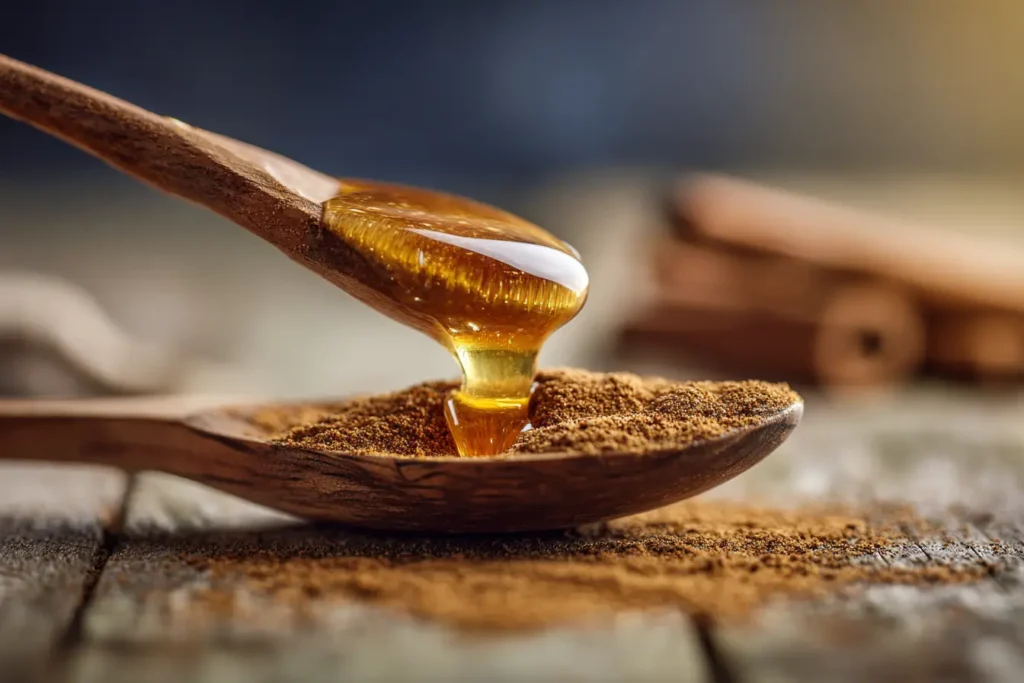 Honig und Zimt zum Abnehmen – Nahaufnahme von Zimt mit Honig auf Holzlöffel