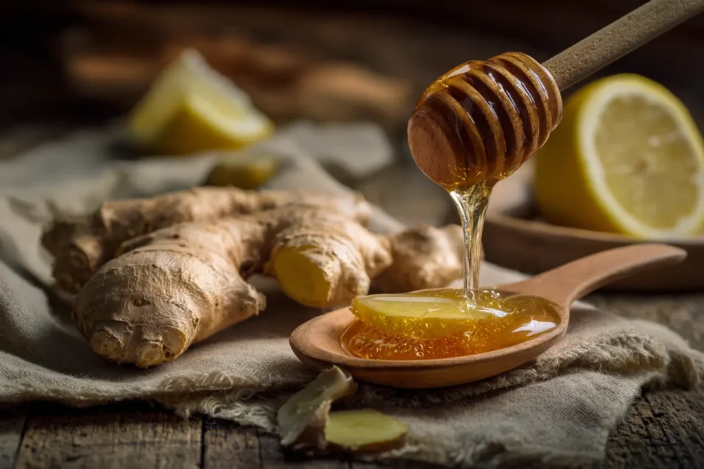 Ingwer mit Honig und Zitrone auf rustikalem Tisch