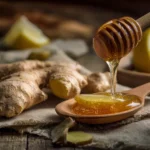 Ingwer mit Honig und Zitrone auf rustikalem Tisch