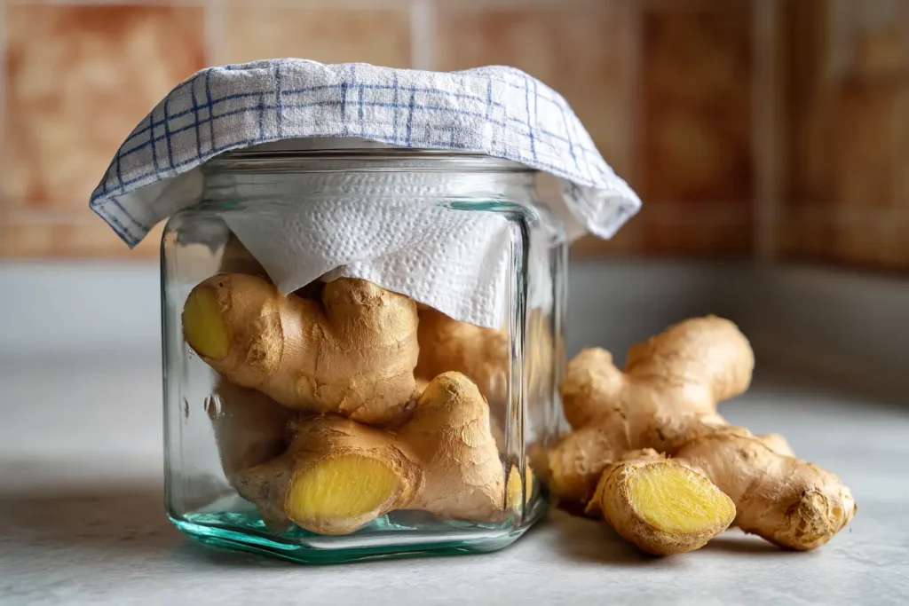 Frischer Ingwer richtig lagern im Glas mit Küchenpapier