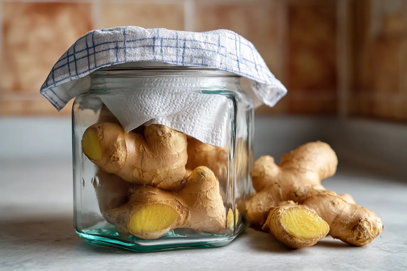 Frischer Ingwer richtig lagern im Glas mit Küchenpapier
