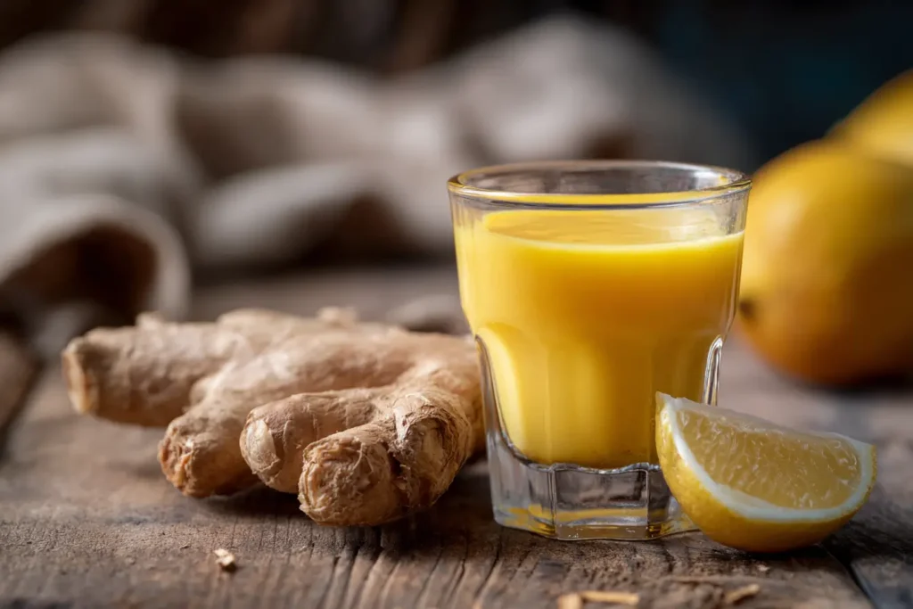 Ingwer Shot im kleinen Glas mit Zitronenscheibe auf Holztisch