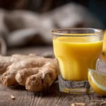 Ingwer Shot im kleinen Glas mit Zitronenscheibe auf Holztisch