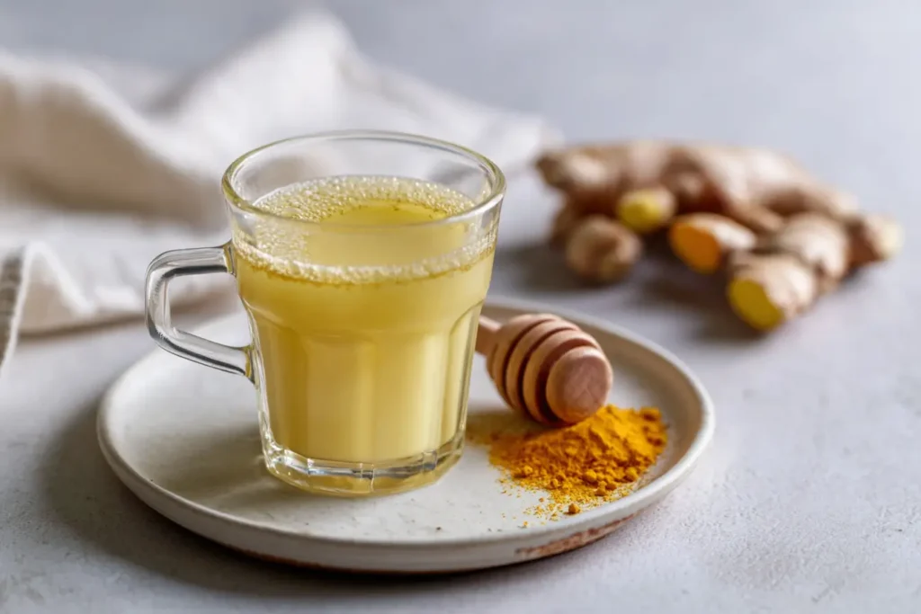 Ingwershot bei Erkältung mit frischem Ingwer und Zitrone im Glas