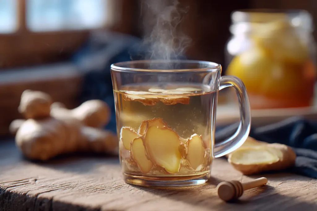 Frisch zubereiteter Ingwertee in einer Glastasse mit Zitronenscheiben