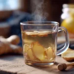 Frisch zubereiteter Ingwertee in einer Glastasse mit Zitronenscheiben