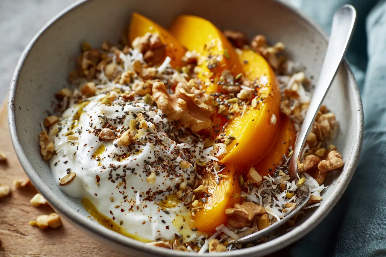 Kaki Skyr Bowl zum Abnehmen mit Kokos, Nüssen und Zimt