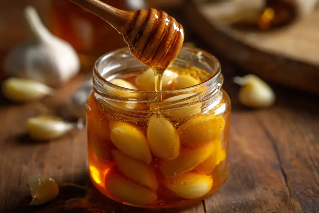 Knoblauch in Honig im Glas – Nahaufnahme mit Honiglöffel