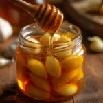 Knoblauch in Honig im Glas – Nahaufnahme mit Honiglöffel