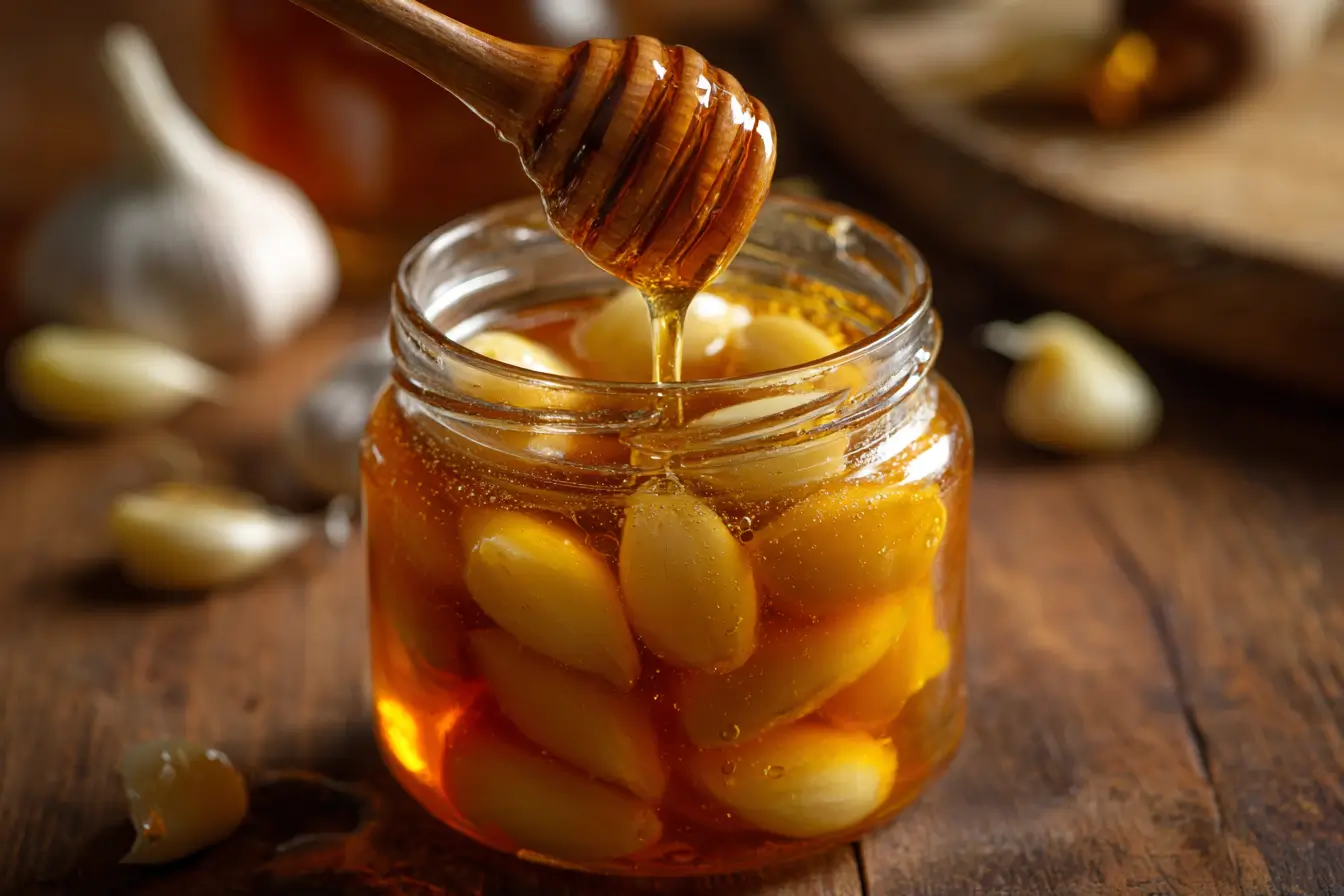 Knoblauch in Honig im Glas – Nahaufnahme mit Honiglöffel
