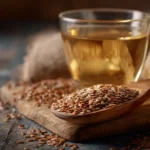 Leinsamen in einem Holzlöffel mit Leinsamen‑Wasser auf rustikalem Tisch