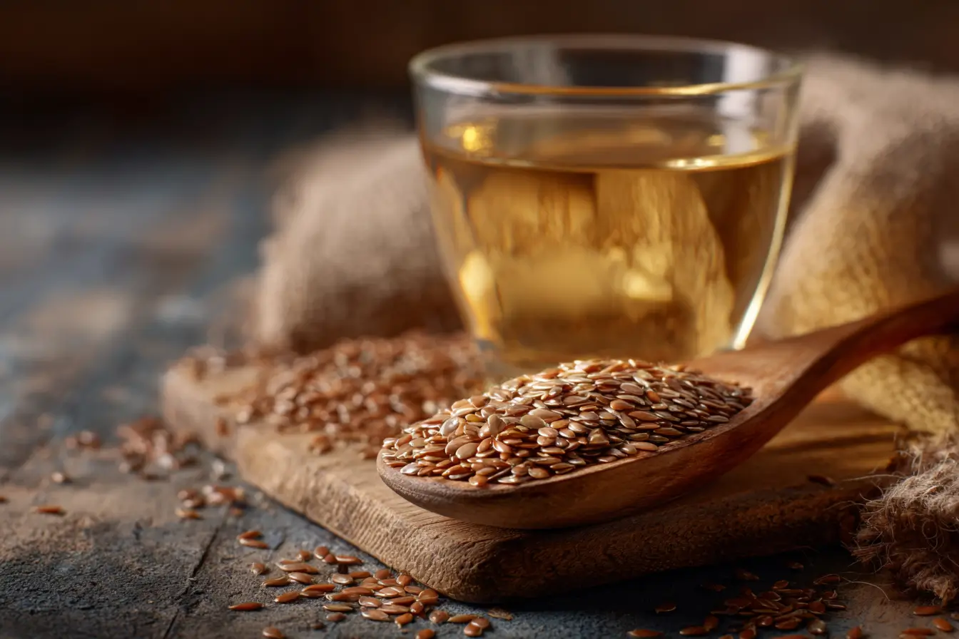 Leinsamen in einem Holzlöffel mit Leinsamen‑Wasser auf rustikalem Tisch