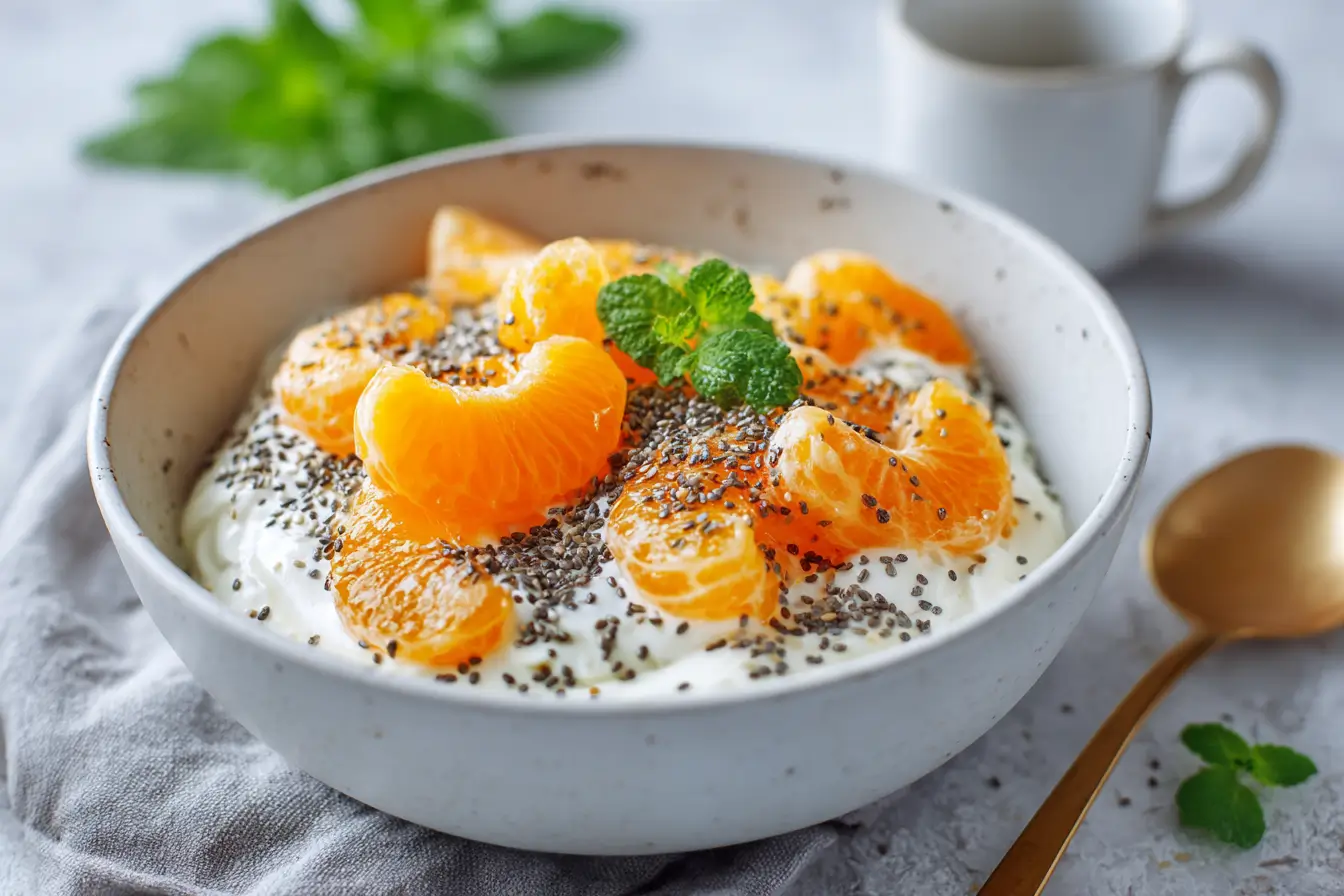 Gesundes Mandarinen-Joghurt-Rezept zum Abnehmen in Nahaufnahme