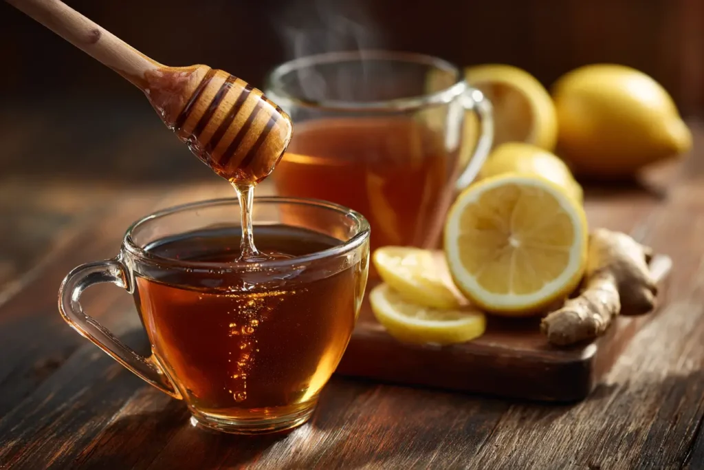 Nahaufnahme von Manuka Honig, der in eine Tasse Zitronen-Ingwer-Tee tropft