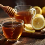 Nahaufnahme von Manuka Honig, der in eine Tasse Zitronen-Ingwer-Tee tropft