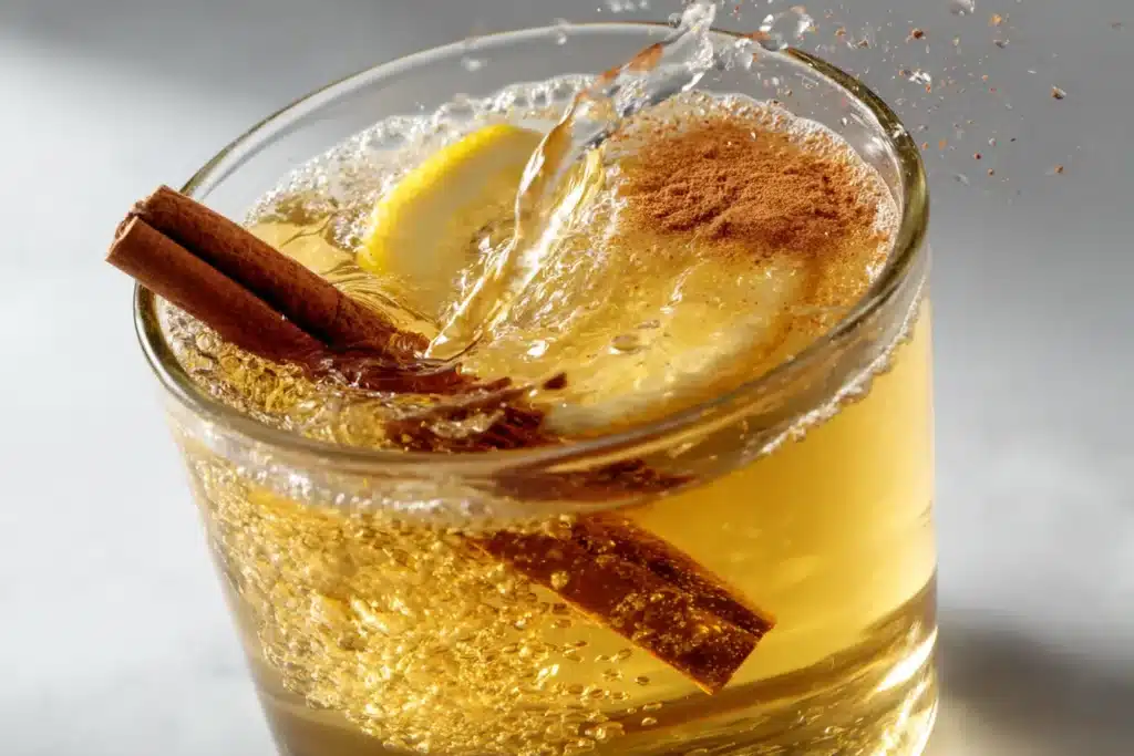 Natürliches Mounjaro-Tonikum im Glas mit Ingwer, Zimt, Zitrone und Apfelessig