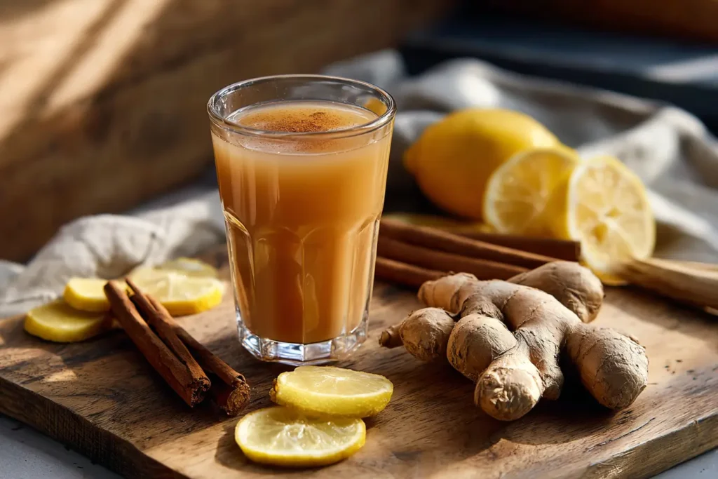 Natürliches Mounjaro Getränk mit Ingwer, Zimt und Zitrone im Glas