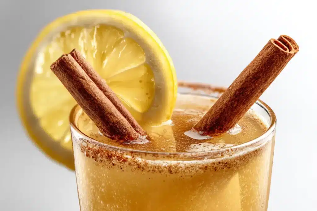 Natürliches Mounjaro Getränk im Glas mit Zimt, Ingwer und Zitrone