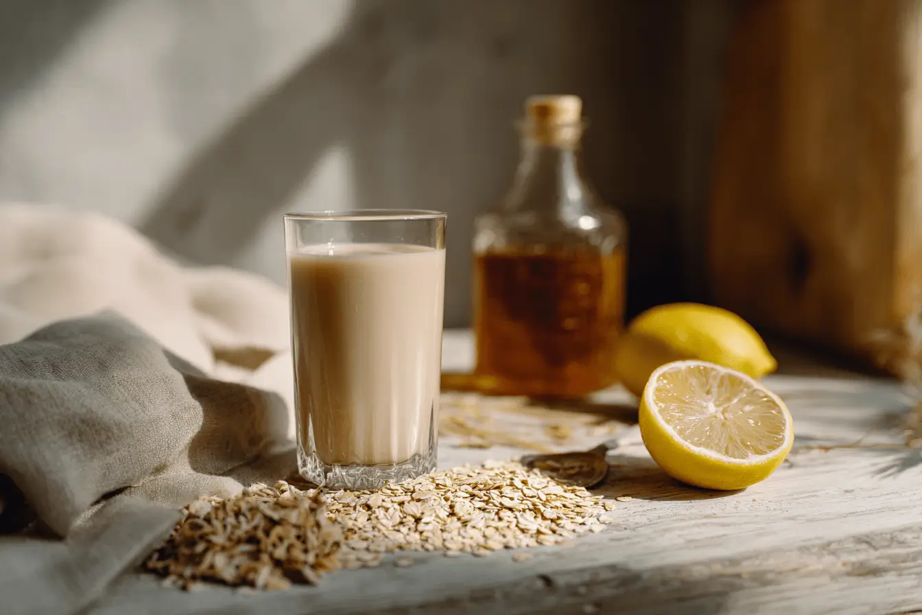 Zutaten für den Oatzempic Hafer‑Drink auf heller Küchenfläche