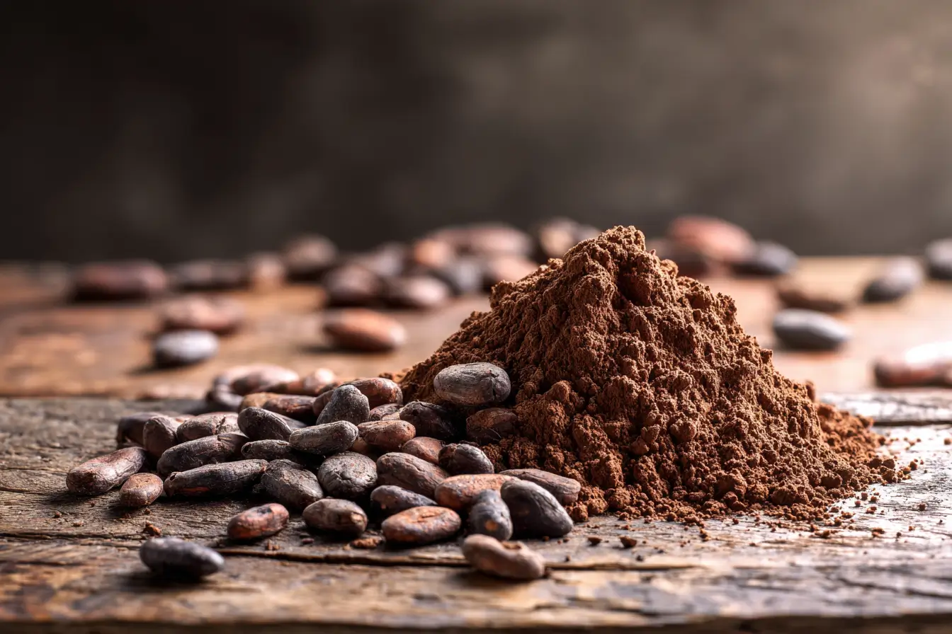 Rohkakao auf Holztisch als natürlicher Energiebooster zum Abnehmen