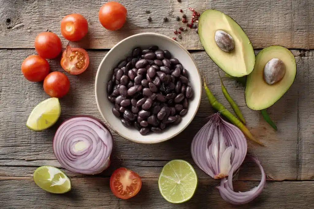 Vegetarischer Burger mit schwarzen Bohnen und Süßkartoffelpommes