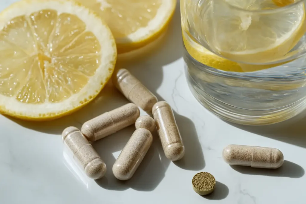 Natürliche Supplements zum Abnehmen in Nahaufnahme mit Zitronenwasser