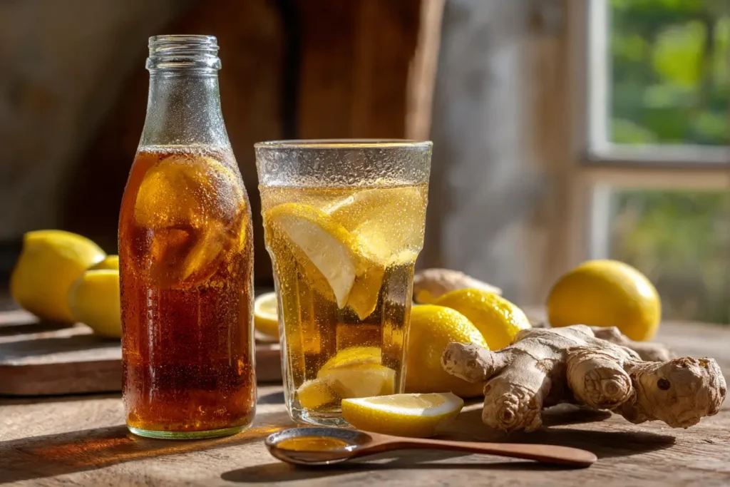 Switchel‑Zutaten auf einem hellen Küchentisch