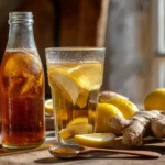 Switchel‑Zutaten auf einem hellen Küchentisch